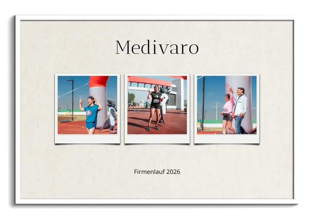 Firmenlauf-Fotocollage mit drei Fotos im Polaroid-Stil und Firmentext im weißen Rahmen, als Geschenk für Mitarbeitende