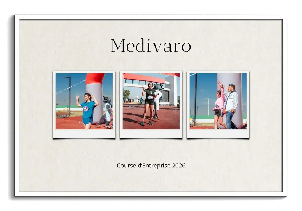 Collage photo de course d’entreprise, trois photos style Polaroid sur fond papier, nom personnalisé et cadre blanc