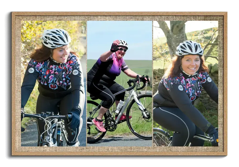 Pêle-mêle horizontal dans un cadre en bois naturel, avec trois photos verticales d'une cycliste côte à côte