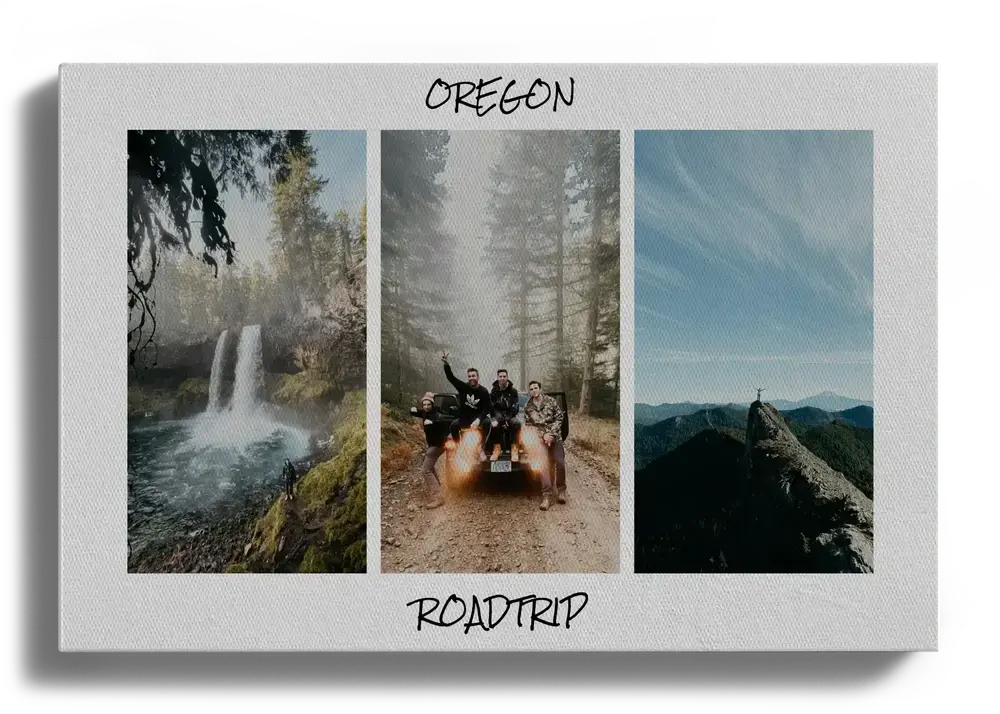 Roadtrip-Fotocollage auf Leinwand mit drei Hochkantfotos von Wasserfall, Wald und Bergen sowie individuellem Text