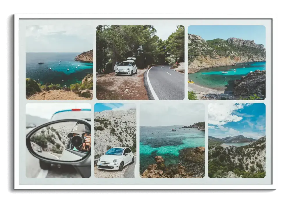 Roadtrip-Fotocollage im weißen Rahmen mit sieben Fotos von Kleinwagen, Küstenstraße und türkisblauen Buchten