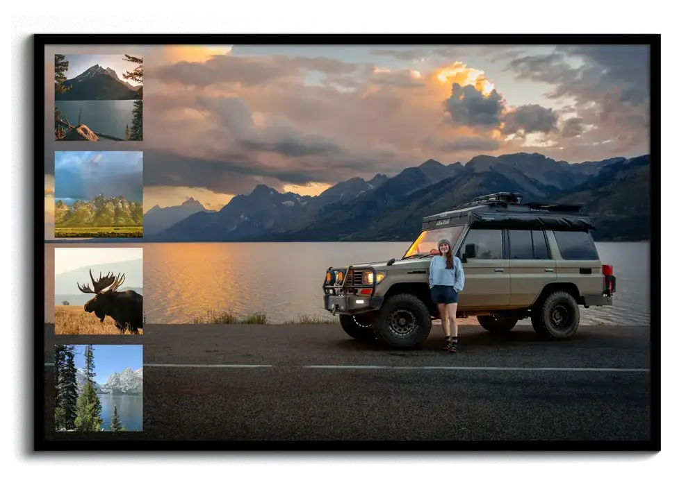 Roadtrip-Fotocollage im schwarzen Rahmen mit großem Geländewagenfoto am Bergsee und vier kleinen Naturaufnahmen