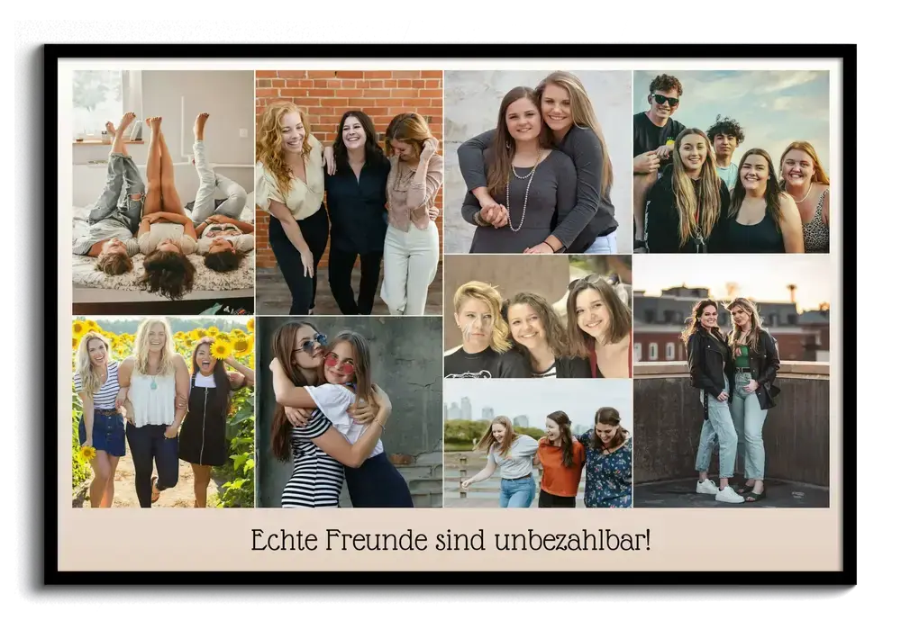 Fotocollage mit neun Freundschaftsfotos und Spruch auf beigem Textstreifen im schwarzen Rahmen