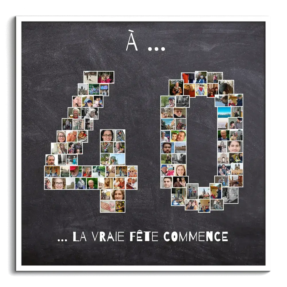 Photomontage en forme de 40 sur fond ardoise, encadré en blanc, une idée cadeau pour un 40e anniversaire
