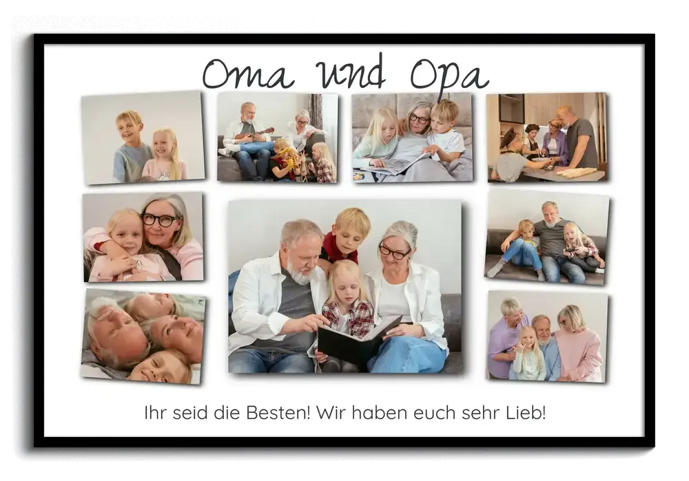Fotocollage mit 9 Familienfotos und Widmung im schwarzen Rahmen als persönliches Geschenk für Oma und Opa
