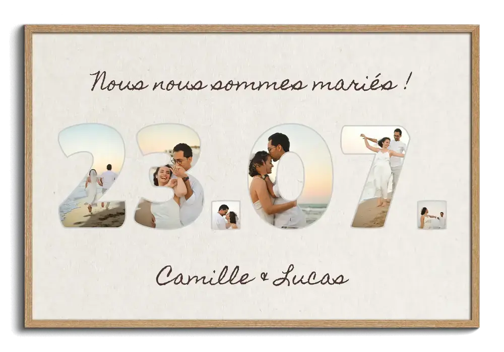 Cadeau de mariage : collage photo formant la date du mariage, avec prénoms et cadre en bois sur fond crème