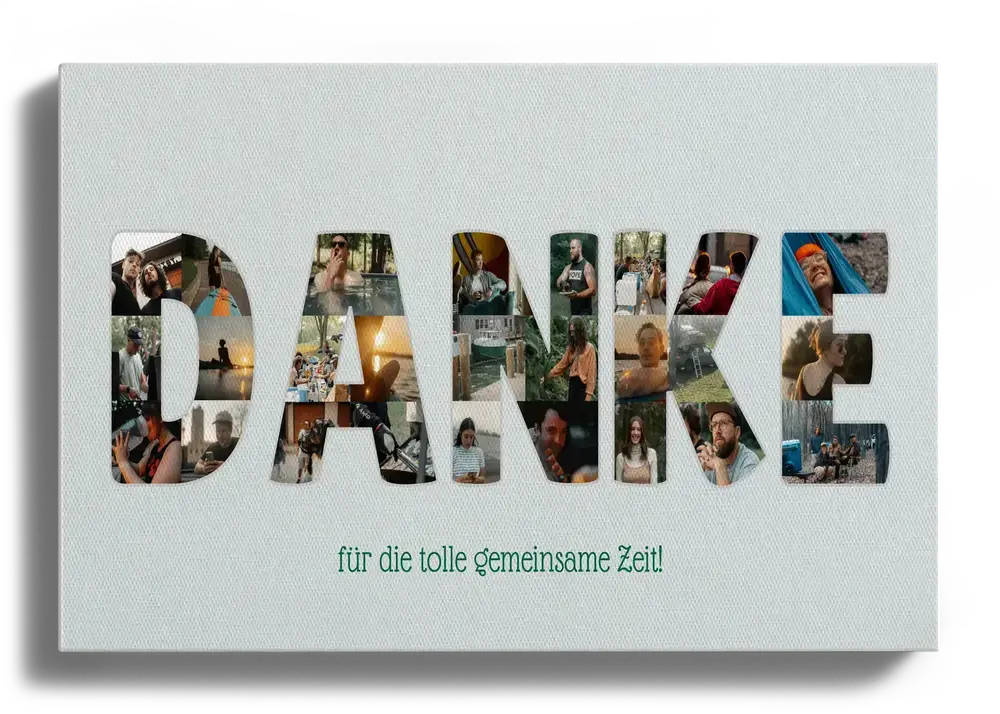Fotocollage auf Leinwand mit Buchstaben aus kleinen Fotos auf hellem Grund als persönliches Geschenk zum Jubiläum