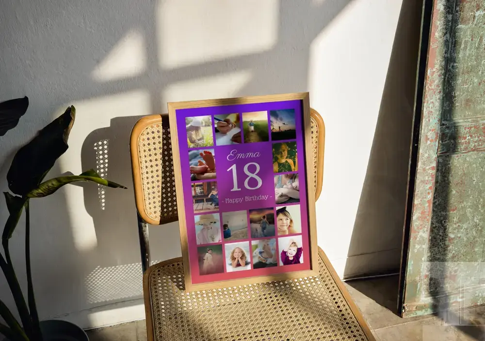 Pêle-mêle photo violet et rose avec un grand 18, encadré en bois sur une chaise cannée, idée cadeau pour la majorité