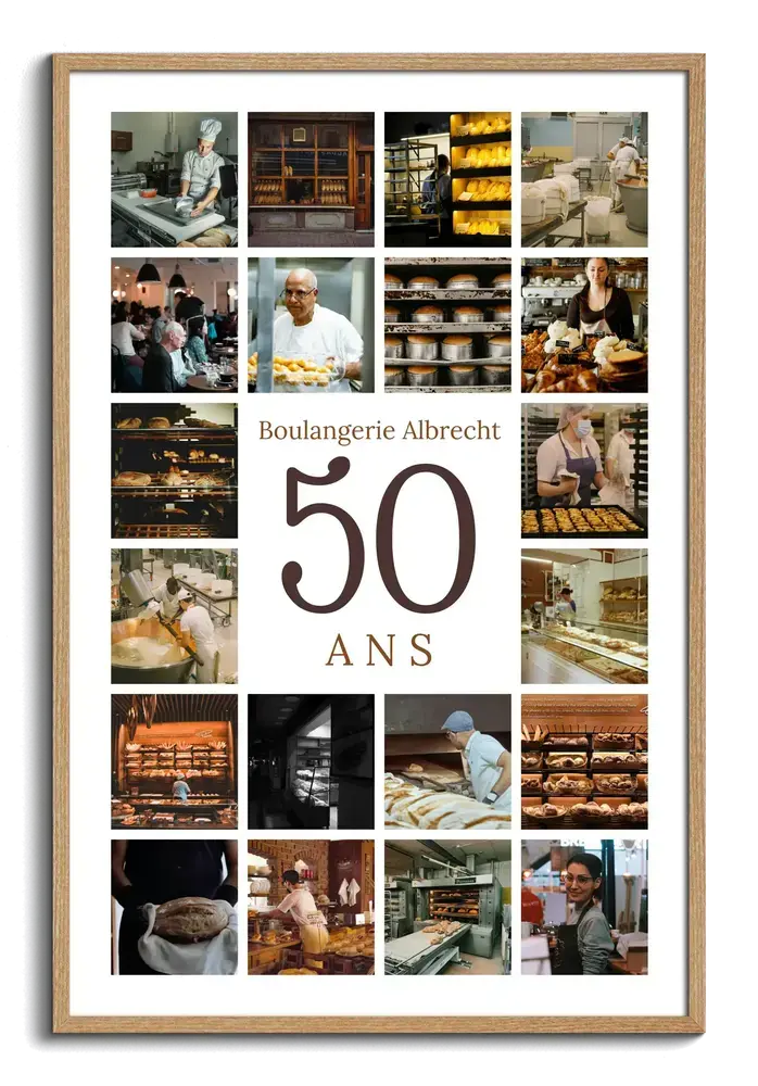 Collage photo encadré en bois, avec un grand 50 entouré de photos de boulangerie, cadeau d’anniversaire d’entreprise
