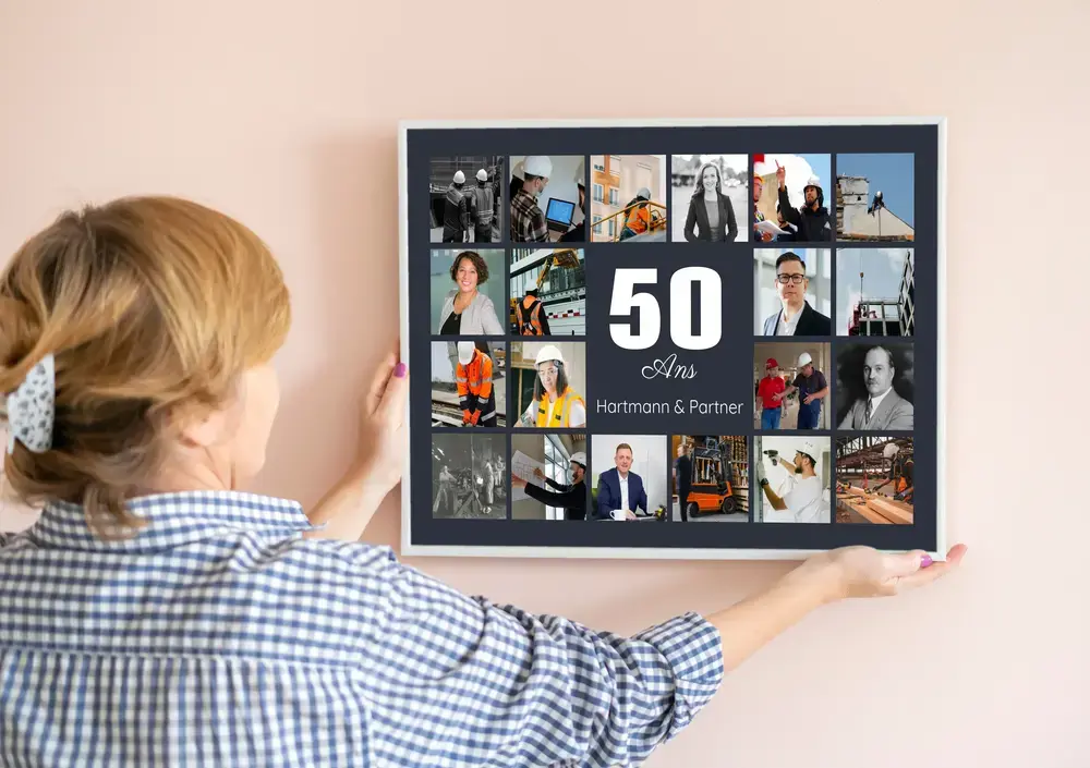 Collage photo encadré avec un grand 50 et des photos d’équipe, cadeau pour les 50 ans d’une entreprise