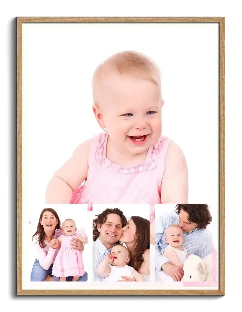 Collage photo de famille encadré en bois naturel, avec un grand portrait d’enfant et trois petites photos en bas