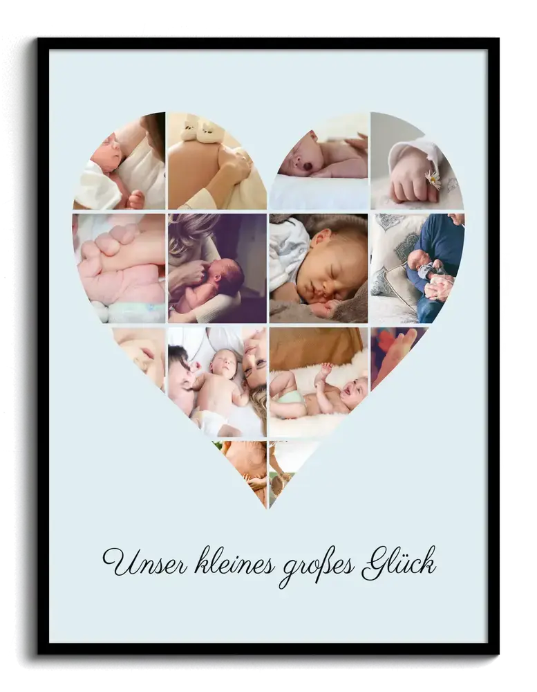 Babyfoto-Collage in Herzform mit Spruch im schwarzen Rahmen, ein persönliches Geschenk zur Geburt
