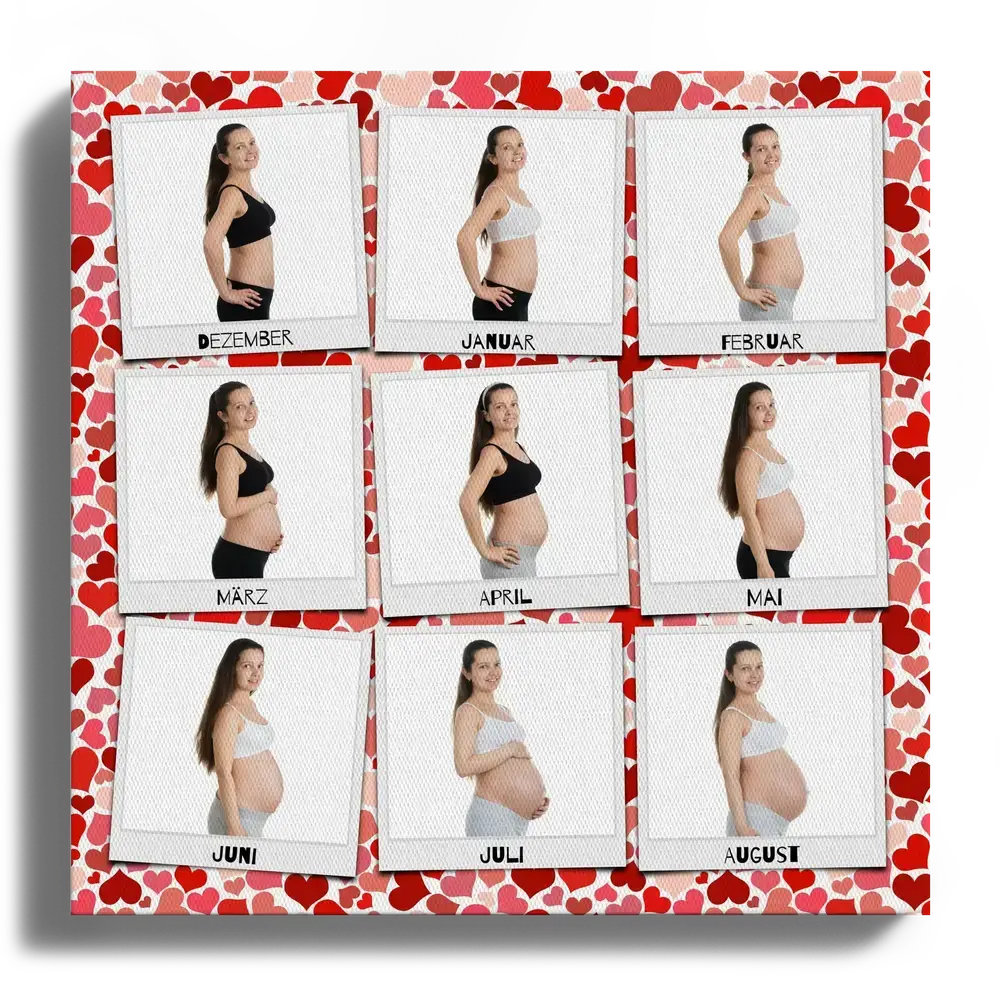 Pêle-mêle de grossesse sur toile avec neuf photos style Polaroid légendées sur fond de cœurs rouges et roses