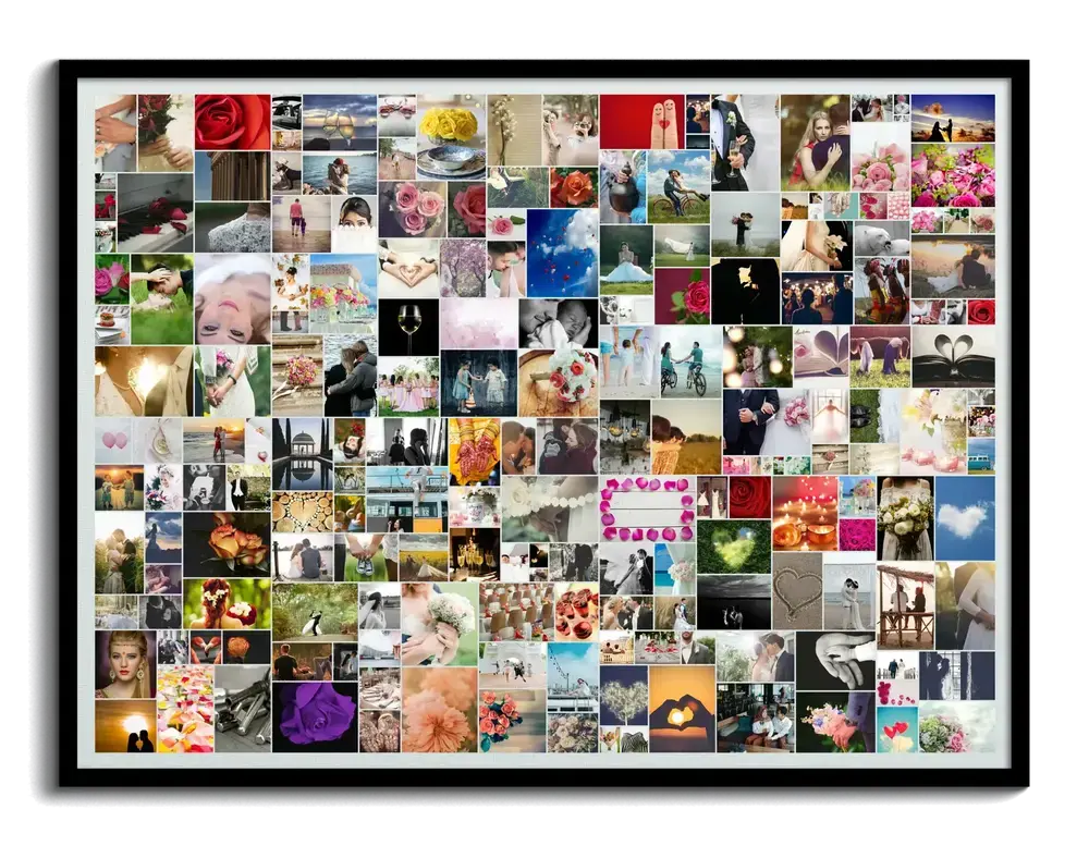 Hochzeitscollage mit vielen Fotos im schwarzen Rahmen als persönliches Geschenk zur Hochzeit