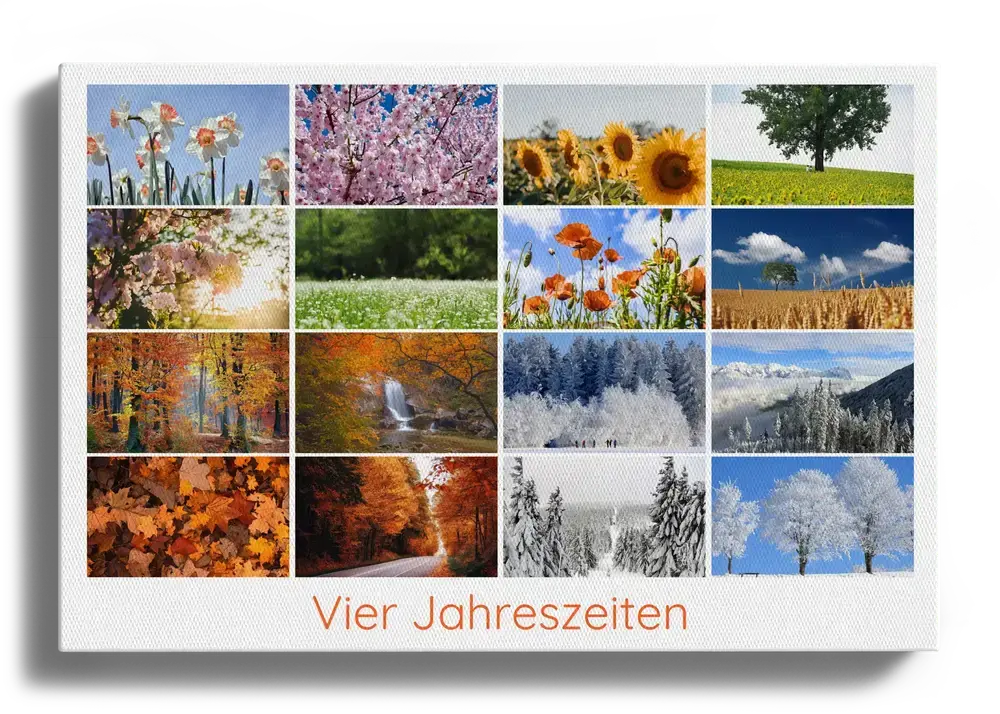 Jahreszeiten-Fotocollage auf Leinwand mit Blüten, Sommerwiesen, Herbstlaub und Winterlandschaften
