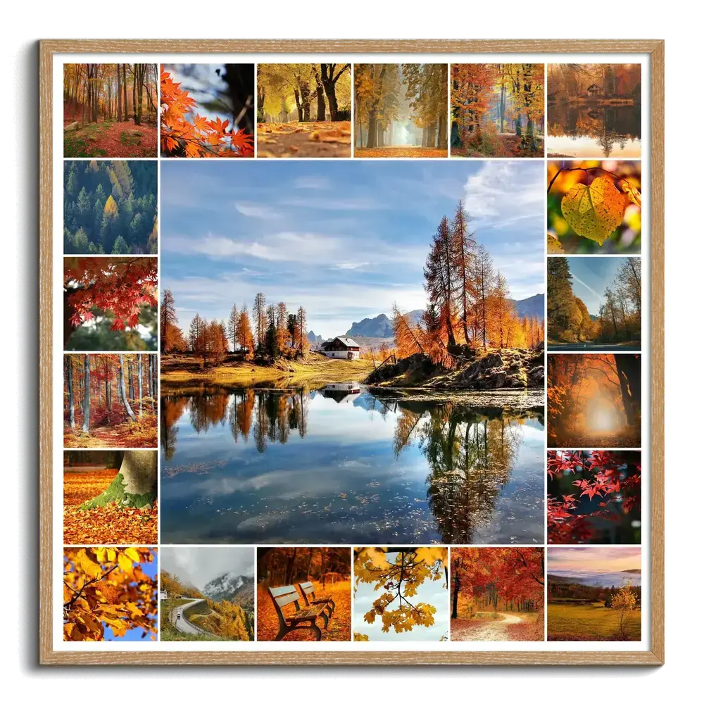 Herbst-Fotocollage im Holzrahmen mit großem Bergsee-Motiv in der Mitte, umgeben von bunten Wald- und Laubfotos