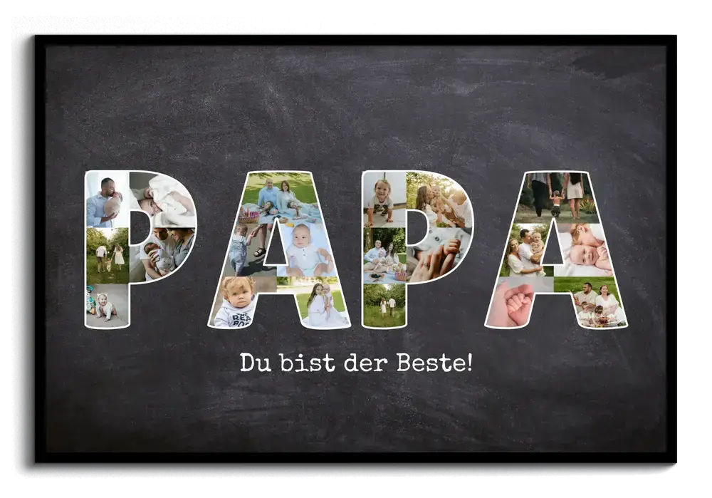 Fotocollage für Papa mit fotogefüllten Buchstaben in Kreidetafel-Optik im schwarzen Rahmen als Geschenk zum Vatertag