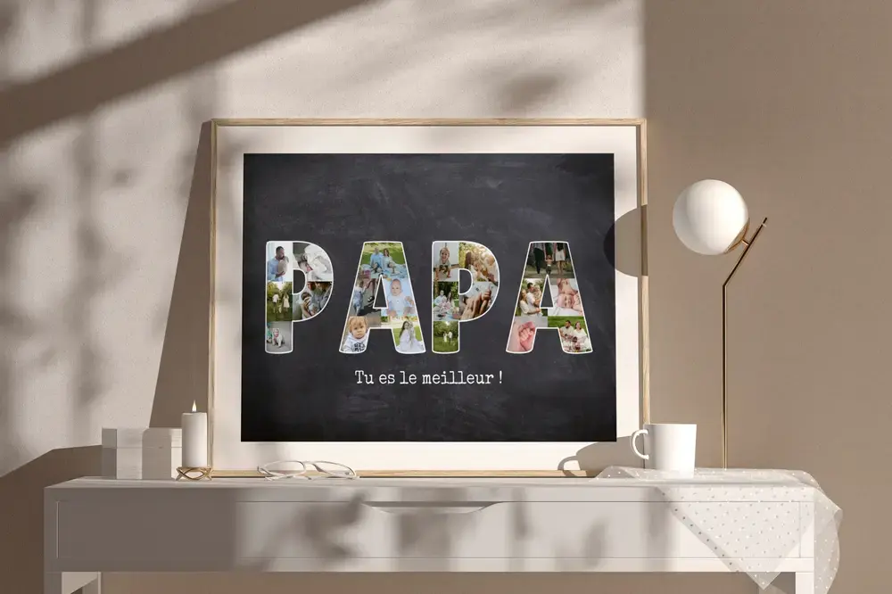 Pêle-mêle photo pour papa en lettres sur fond ardoise, dans un cadre en bois posé sur une console ensoleillée