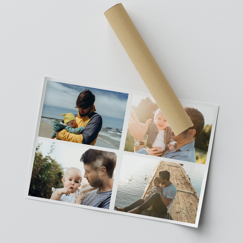 Teilweise eingerolltes Fotocollage-Poster für Papa mit vier großen Vater-Kind-Fotos und weißen Zwischenräumen
