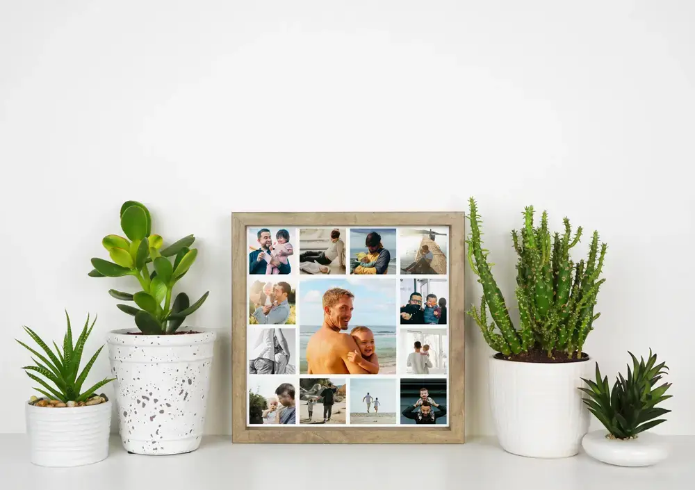 Fotocollage mit großem Vater-Kind-Mittelbild im Holzrahmen zwischen Topfpflanzen, als persönliches Geschenk für Papa