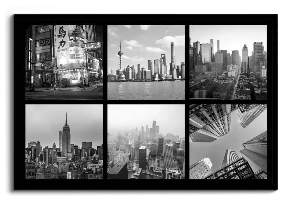 Fotocollage aus sechs Schwarz-Weiß-Aufnahmen von Skylines und Hochhäusern im schwarzen Rahmen