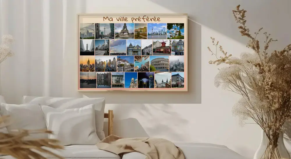 Pêle-mêle encadré de photos de voyage, villes et monuments avec texte personnalisé, au-dessus du lit
