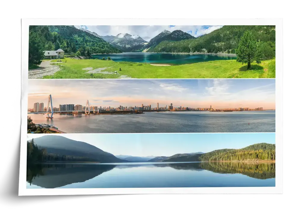 Poster photo de voyage horizontal à bord blanc, avec trois bandes panoramiques de lacs de montagne et de ville