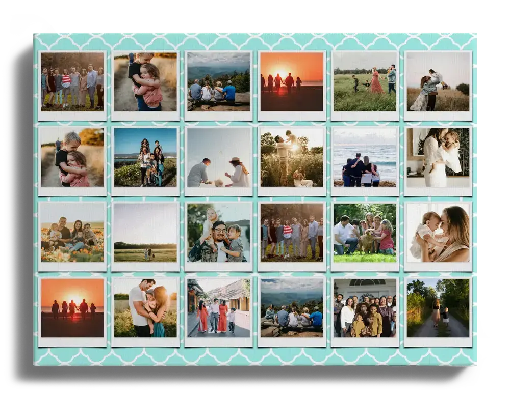 Familien-Fotocollage auf Leinwand mit 24 Bildern im Polaroid-Stil und türkisem Muster als Geschenk für die Familie