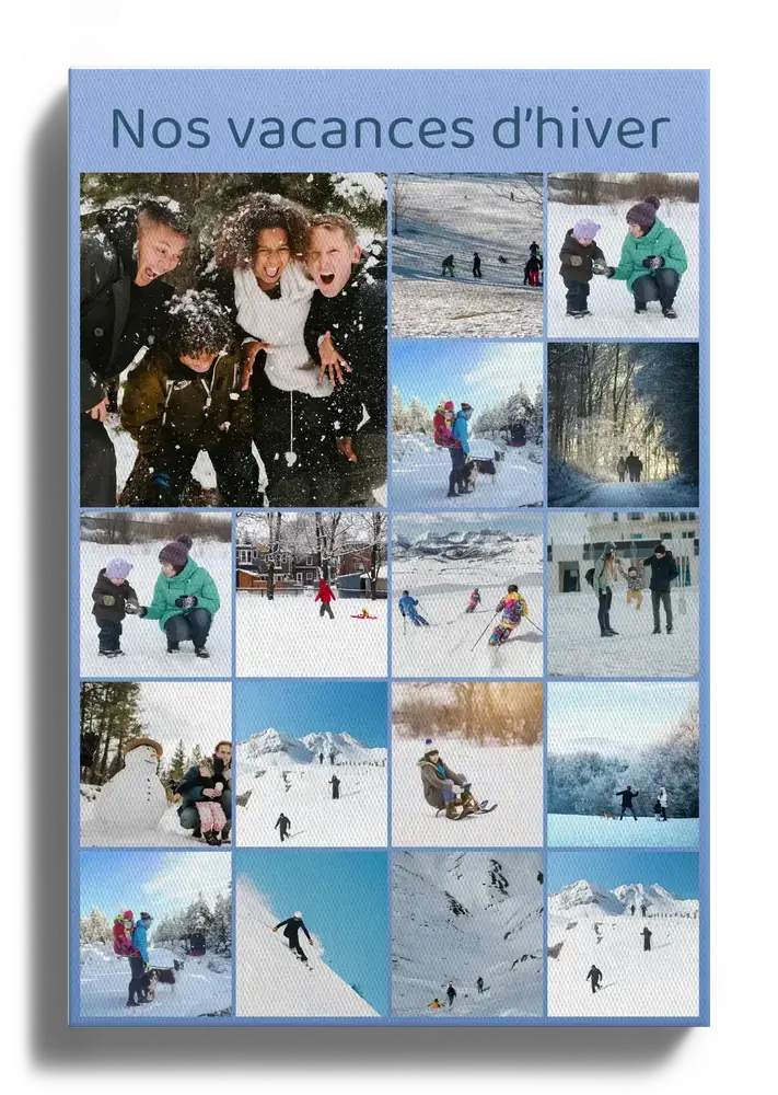 Collage photo de vacances d’hiver sur toile, avec photos de famille et de ski sur fond bleu clair, un cadeau souvenir