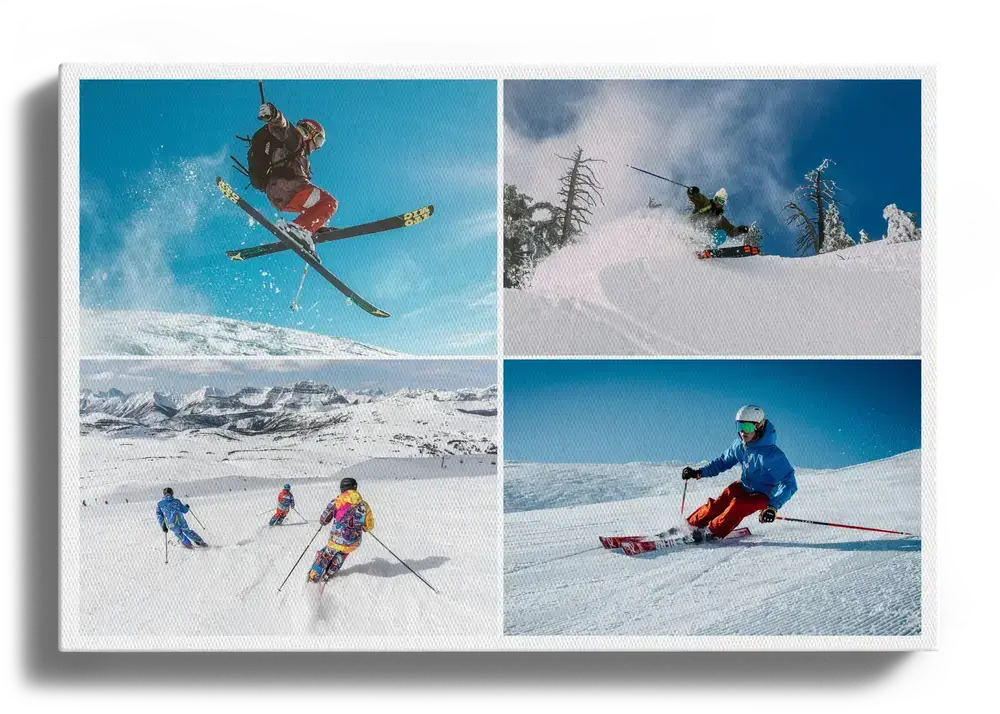 Pêle-mêle sur toile composé de quatre photos de ski en grille, avec séparations blanches et montagnes enneigées