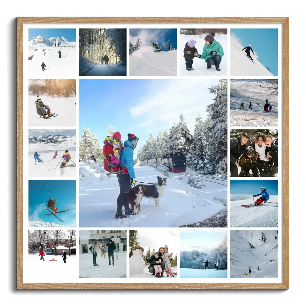 Collage photo d’hiver encadré en bois naturel, avec une grande photo de famille avec chien entourée de scènes de ski