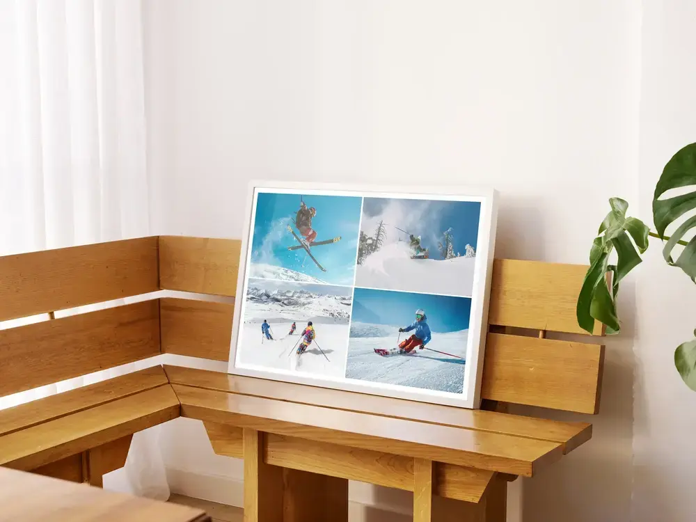 Pêle-mêle de quatre photos de ski dans un cadre blanc posé sur un banc en bois, un cadeau pour passionné de glisse