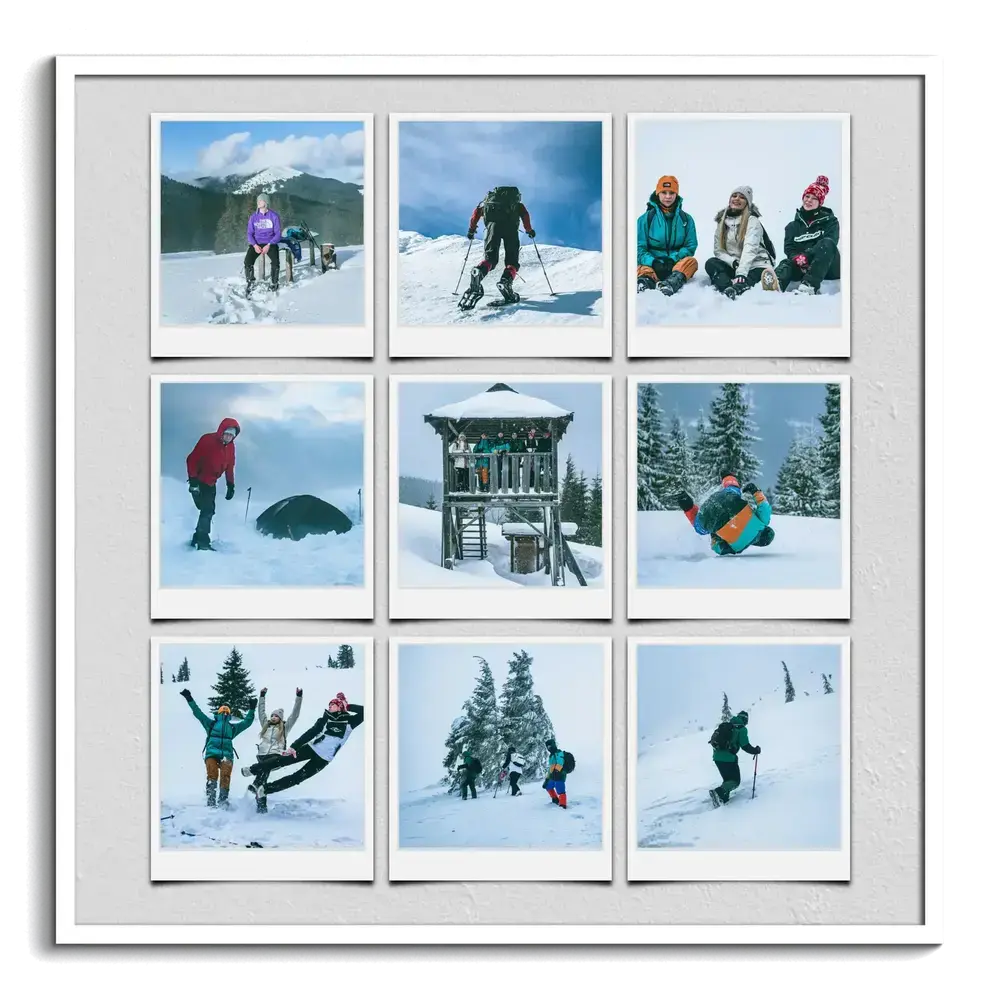 Collage photo d’hiver avec neuf photos de ski et de neige façon Polaroid, sur fond gris dans un cadre blanc