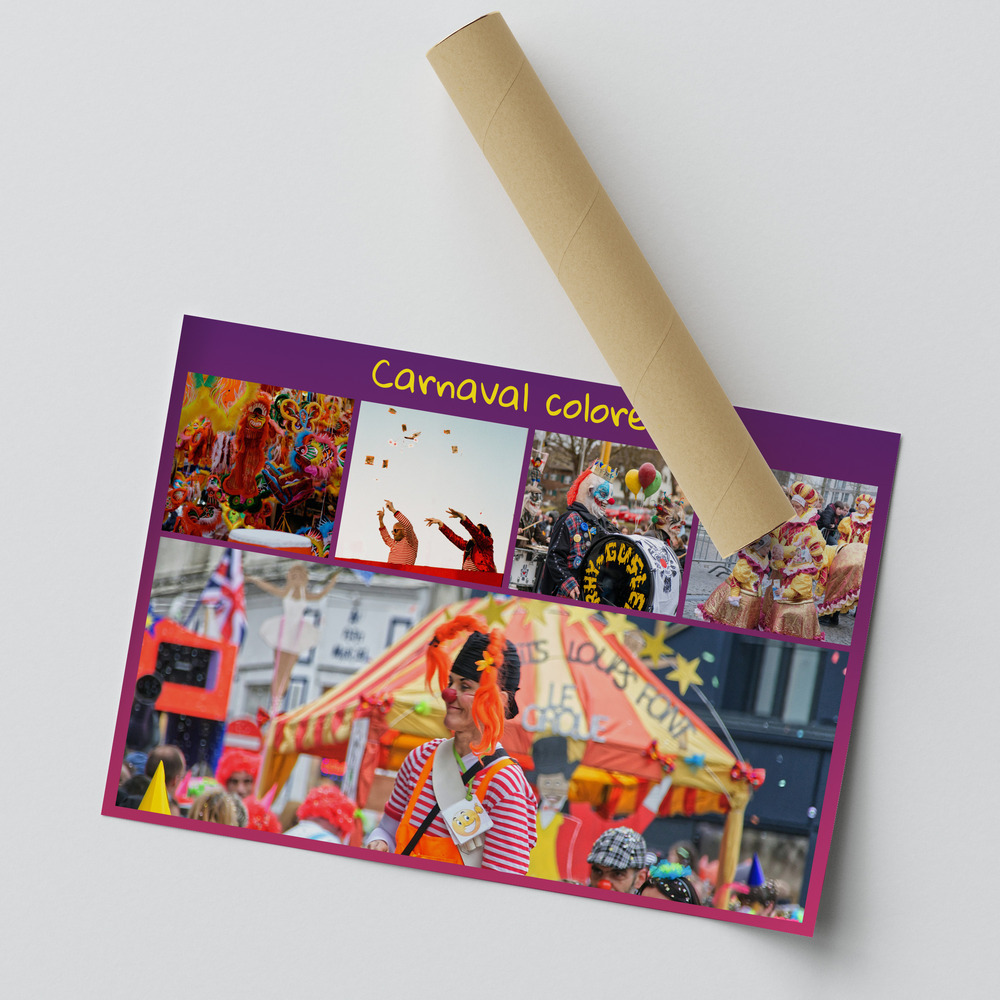 Poster pêle-mêle de carnaval à fond violet, avec cinq photos et un titre personnalisé, présenté avec un tube