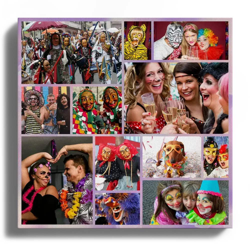 Pêle-mêle photo de carnaval sur toile verticale, avec déguisements, masques et enfants maquillés