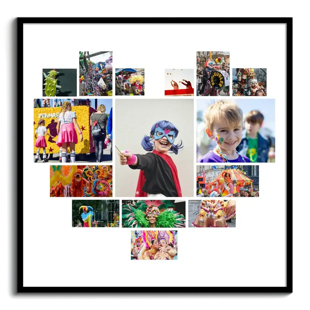 Pêle-mêle de photos de carnaval en cœur, avec déguisements et enfants maquillés sur fond blanc, dans un cadre noir