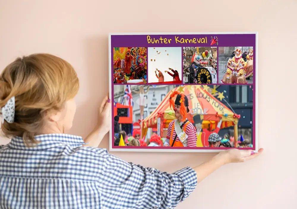 Karneval-Fotocollage mit Umzugsfotos und Wunschtext auf Lila an heller Wand, als Geschenk für Karnevalsfans