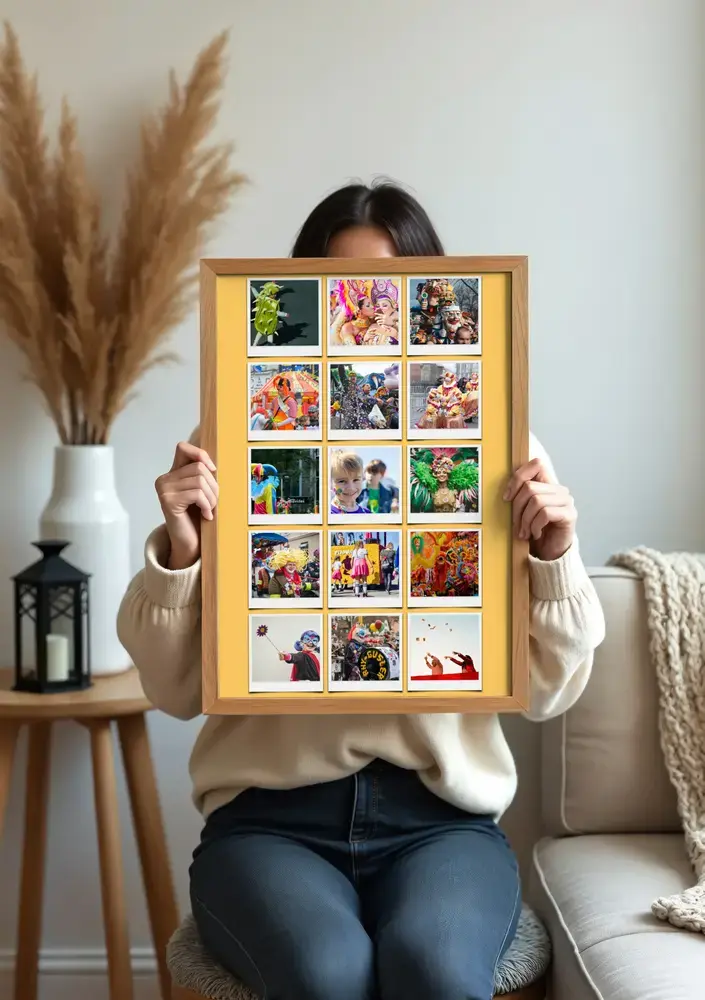 Pêle-mêle photo de carnaval sur fond jaune, encadré en bois au salon, une idée cadeau pour les fans de carnaval