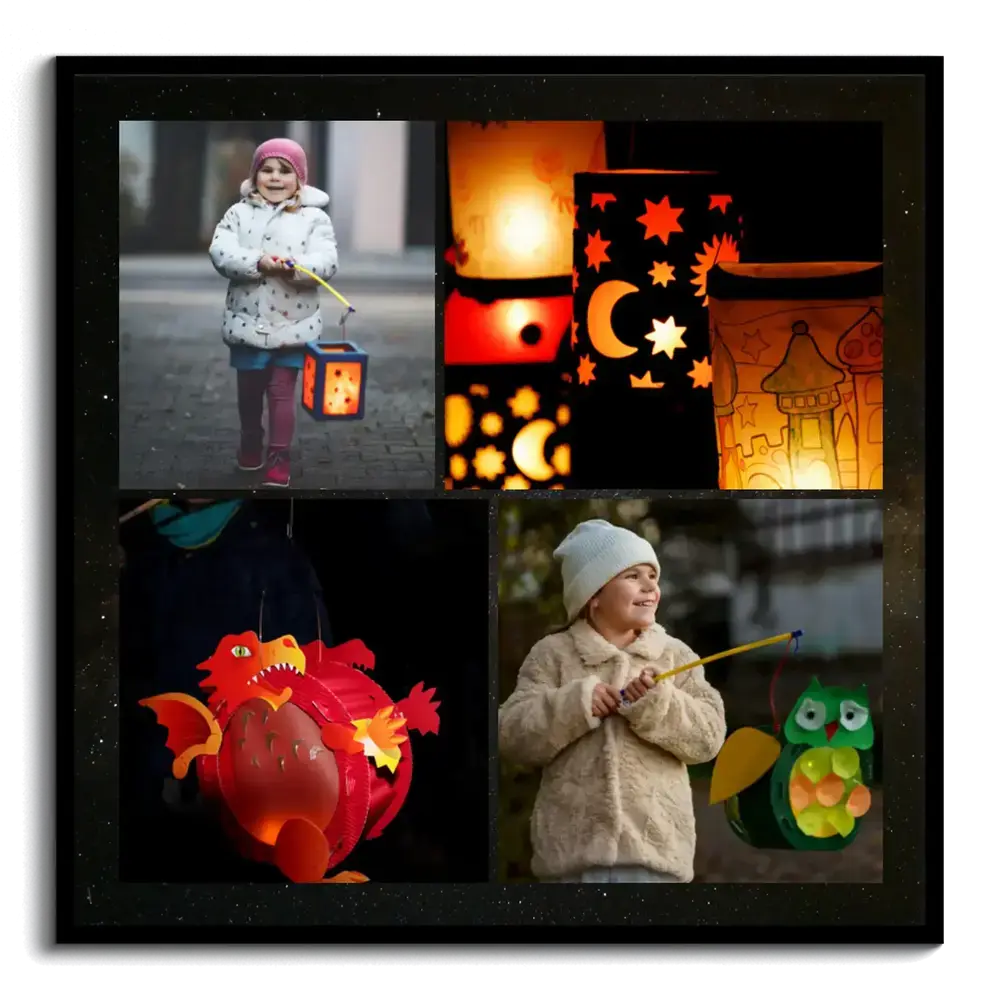 Collage de quatre photos d’enfants et de lanternes colorées sur fond sombre, dans un cadre noir