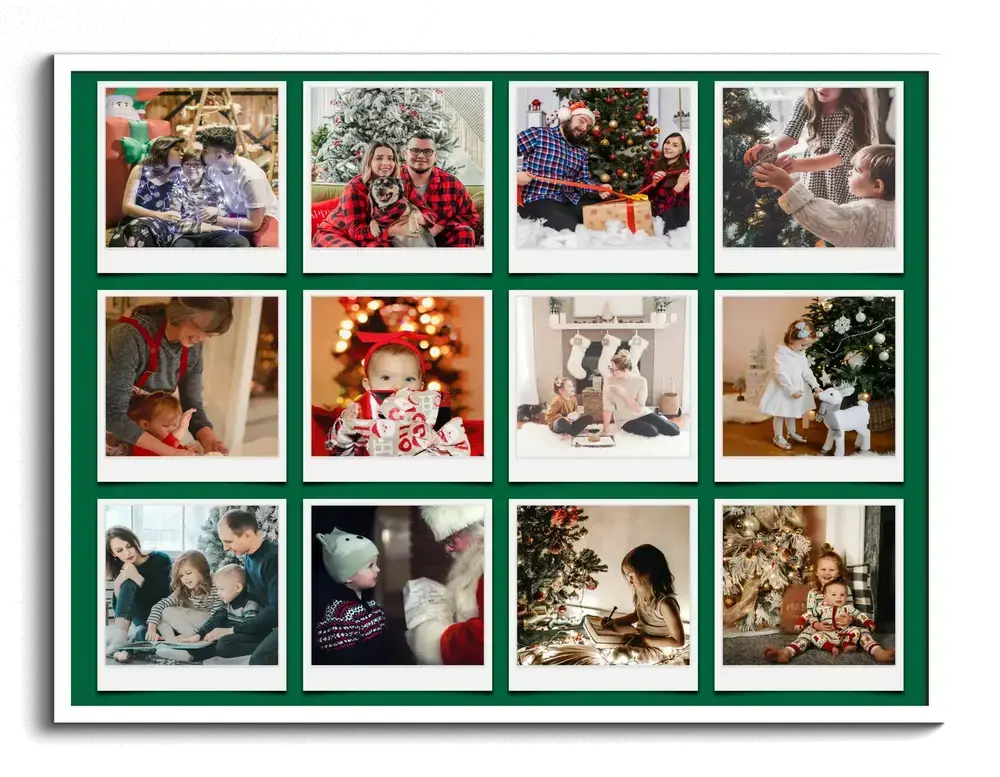 Weihnachts-Fotocollage mit zwölf Familienfotos im Polaroid-Stil auf dunkelgrünem Hintergrund, weiß gerahmt