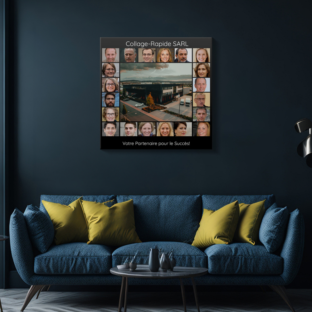 Collage photo d’équipe sur fond sombre, bâtiment au centre et portraits autour, au-dessus d’un canapé bleu