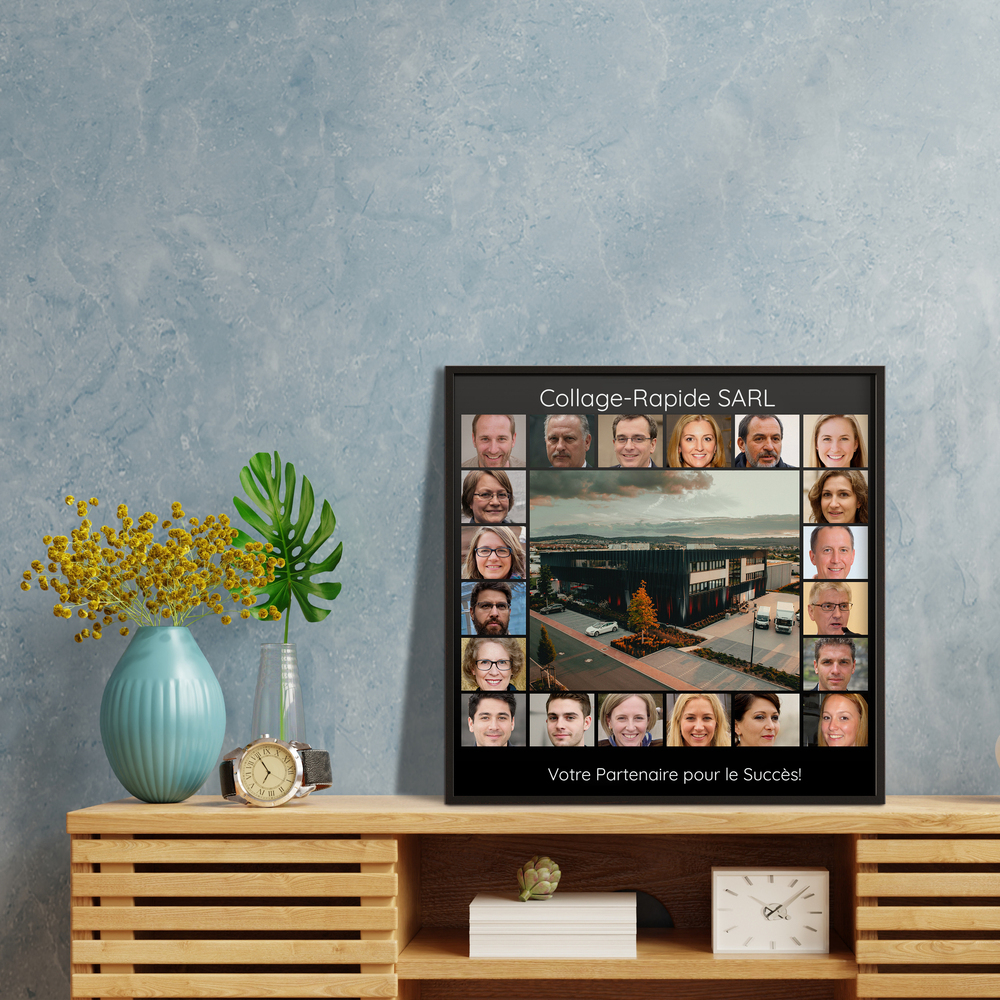 Collage photo d’entreprise en cadre noir sur un buffet en bois, avec bâtiment et portraits, une idée cadeau pour l’équipe