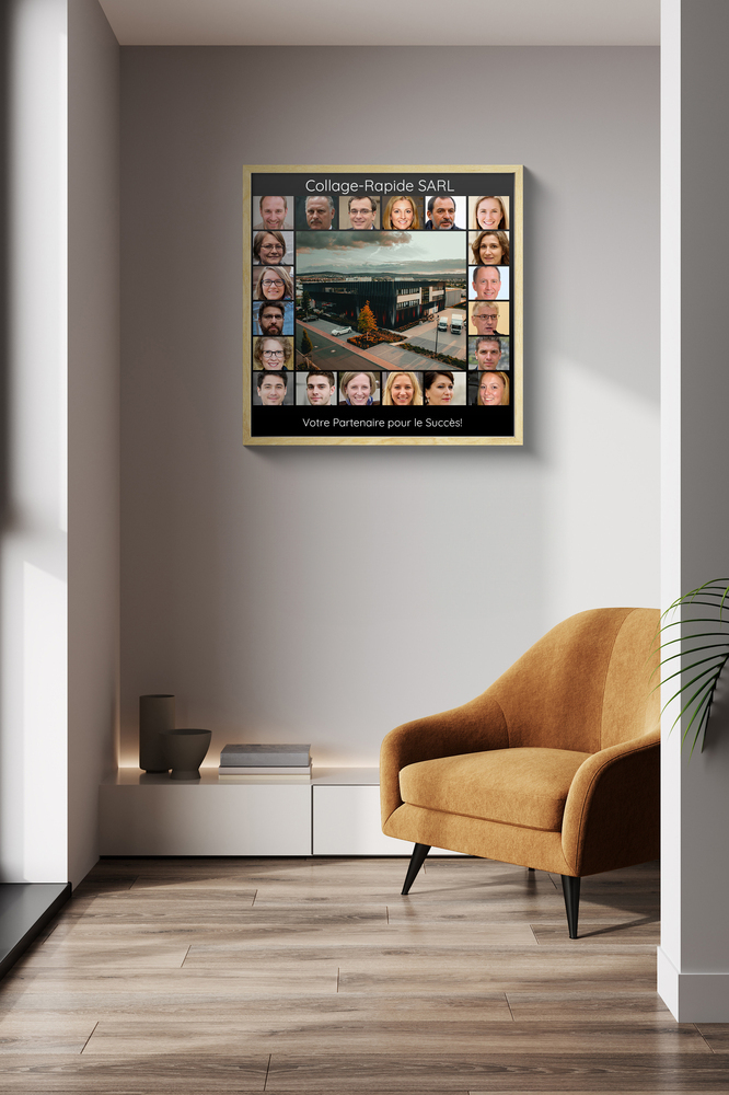 Collage photo d’équipe encadré en bois clair près d’un fauteuil jaune, portraits autour du bâtiment de l’entreprise