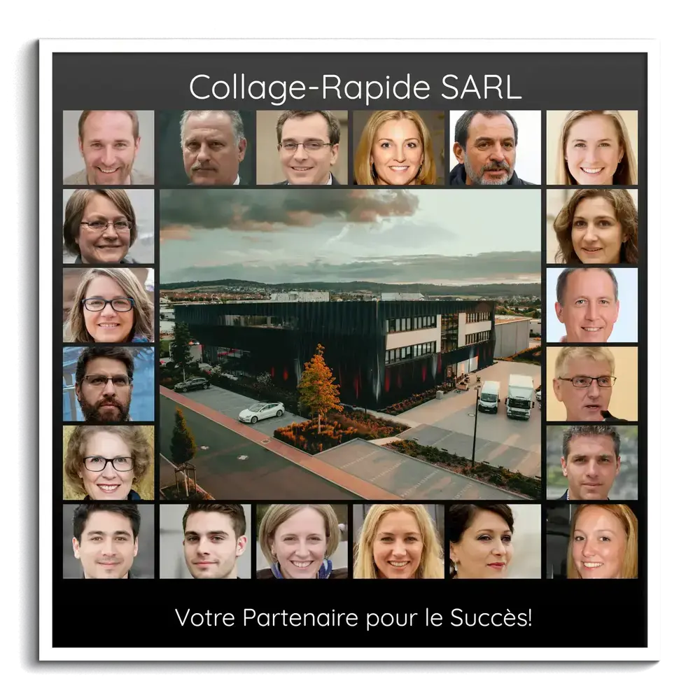 Collage photo en cadre blanc, portraits autour du bâtiment de l’entreprise, cadeau pour un anniversaire d’entreprise