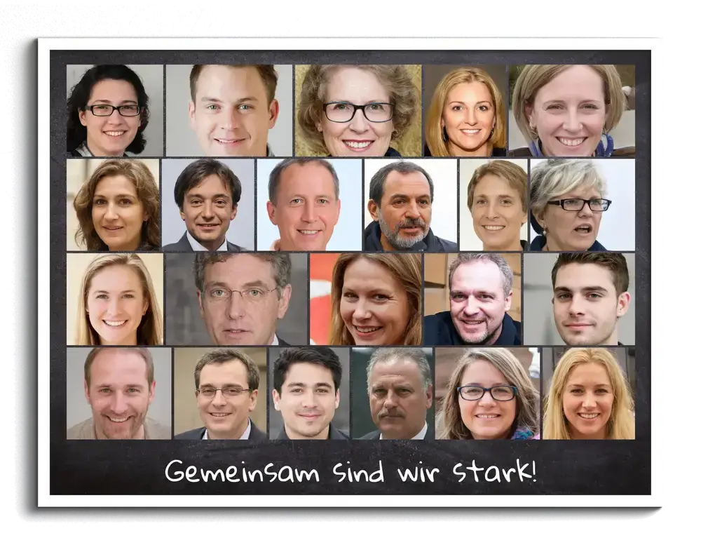 Team-Fotocollage mit Porträts und Motivationsspruch auf dunklem Grund im weißen Rahmen, als Geschenk für Kollegen