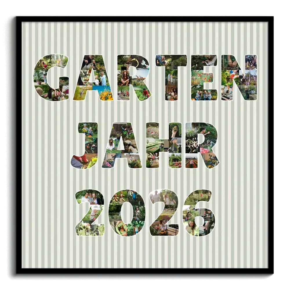 Gartenjahr-Fotocollage mit Fotos in Buchstaben und Jahreszahl, auf gestreiftem Grund im schwarzen Rahmen