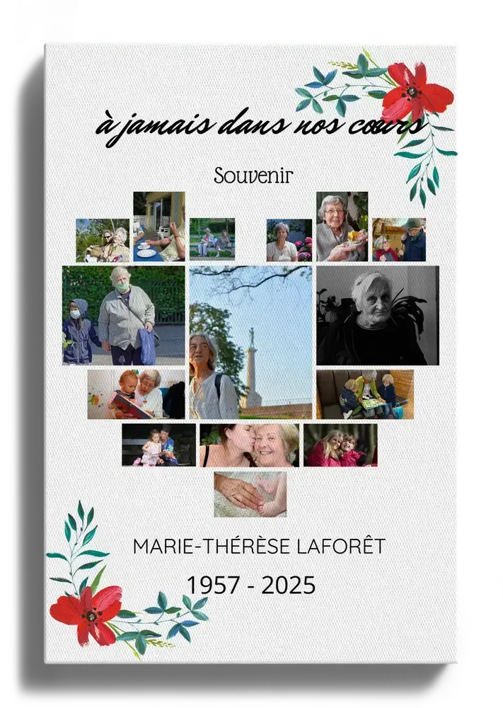 Toile souvenir personnalisée avec photos en cœur, fleurs rouges, nom et dates sur fond blanc