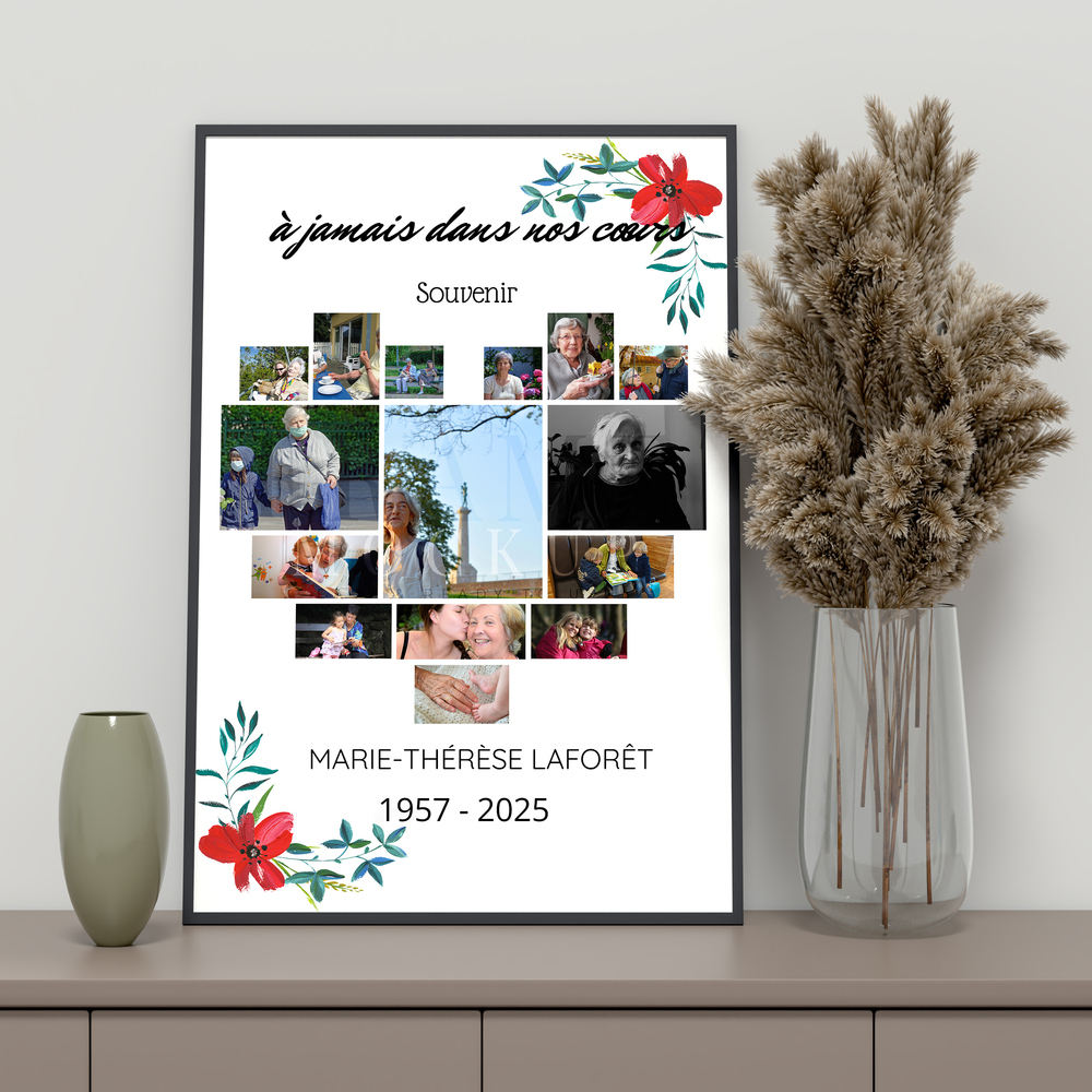 Collage photo souvenir en cœur avec fleurs rouges, dans un cadre noir posé sur un meuble à côté de vases