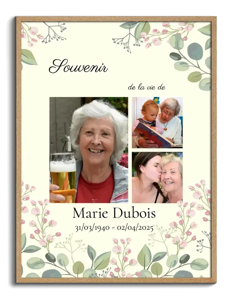 Collage photo commémoratif avec trois photos, fleurs et nom personnalisé, dans un cadre en bois naturel