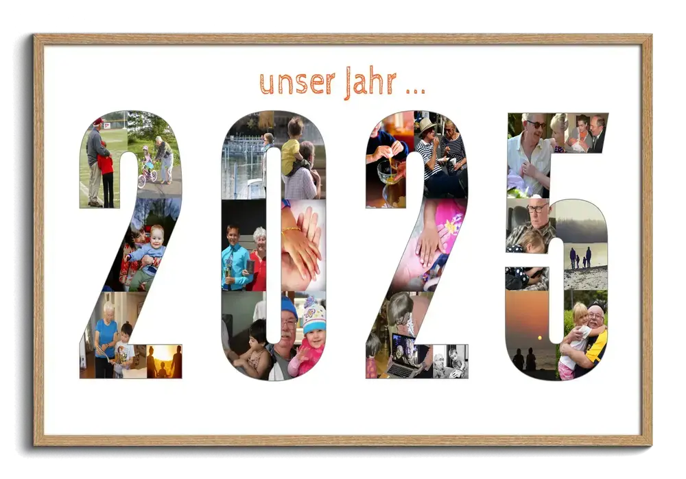 Fotocollage als Jahreszahl aus Familien- und Urlaubsfotos im Naturholzrahmen, ein persönliches Geschenk für die Familie